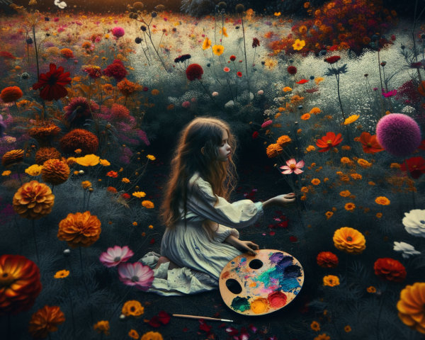 Young girl in a meadow with colorful flowers and palette