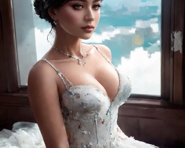 Elegant Bride in Intricate White Wedding Gown by Window