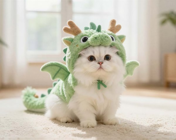 Fluffy Kitten in Green Dragon Costume on Shag Carpet