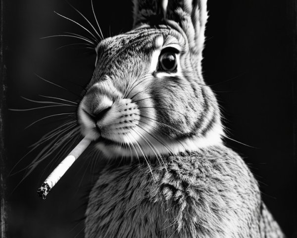 Close-up of a rabbit with cigarette in black and white