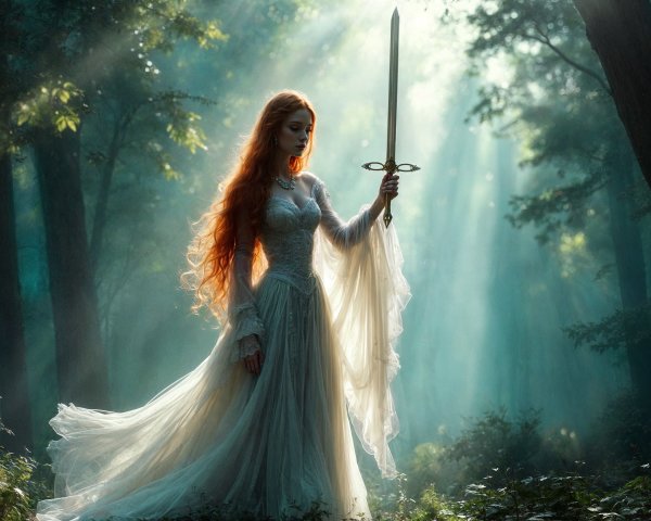 Mystical forest figure in ethereal gown with sword