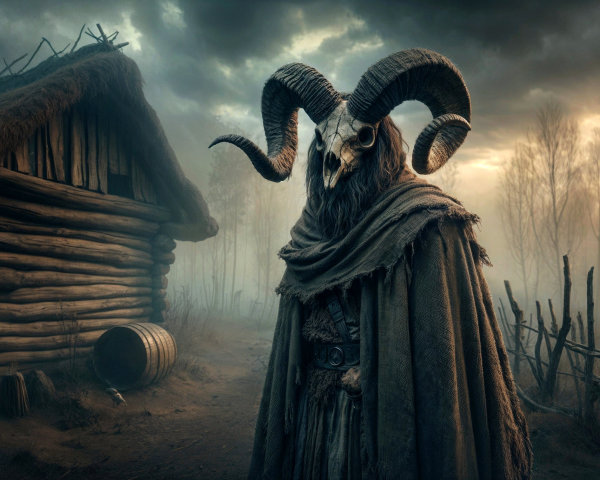 Mysterious Figure in Eerie Landscape with Cabin