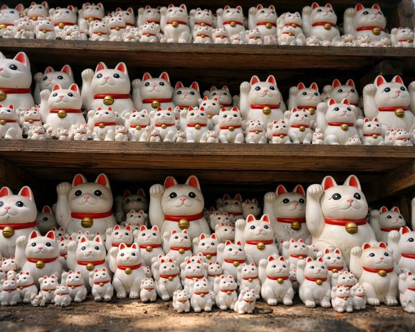 Arrangement of White Maneki-Neko Cats on Shelves
