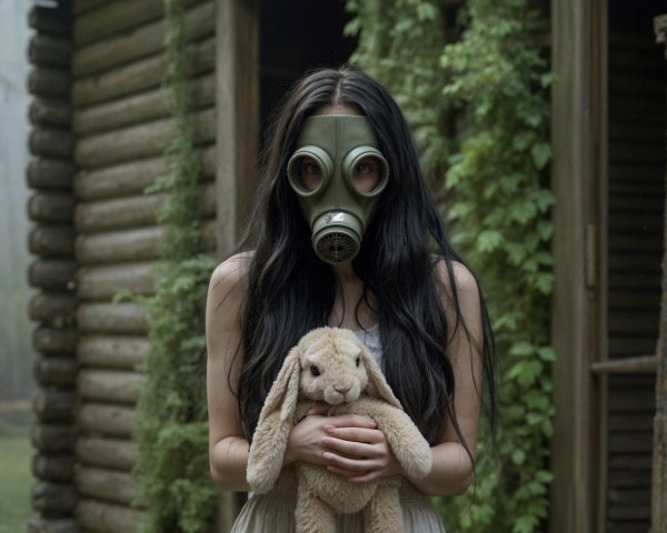 Misty Forest Scene with Vintage Gas Mask and Cabin