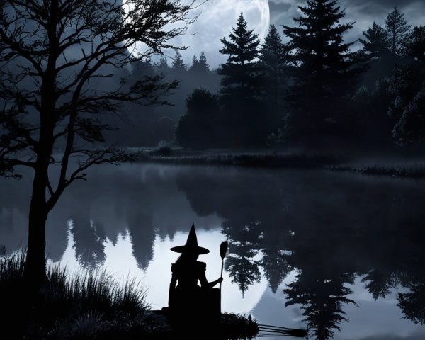 Nighttime Scene with Witch in Boat Under Full Moon