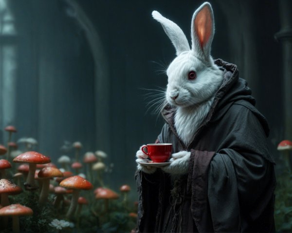 Mystical forest scene with a wise rabbit and mushrooms