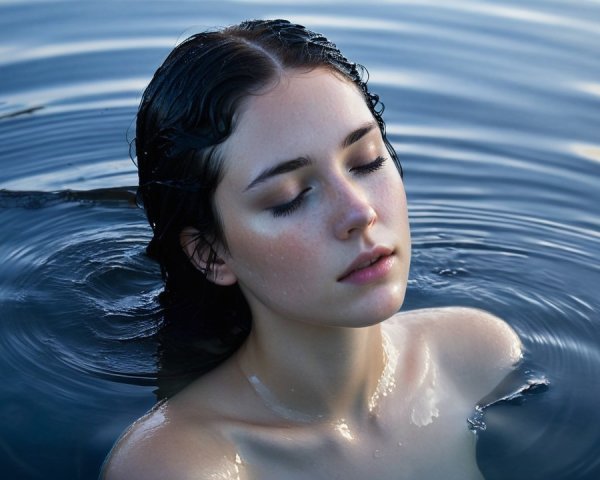 Young Woman in Calm Water with Reflective Ripples