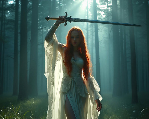 Mystical Figure in Foggy Forest with Sword and Light
