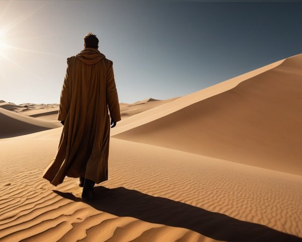 Cloaked figure walking on golden sand dunes under sun