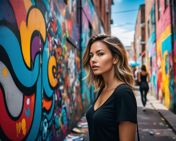 Young woman in urban alley with colorful street art