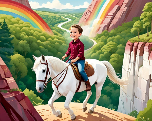 Young boy riding a white horse in scenic landscape
