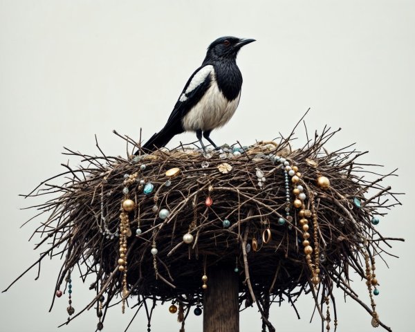 Bird on Nest with Colorful Jewels in Overcast Setting