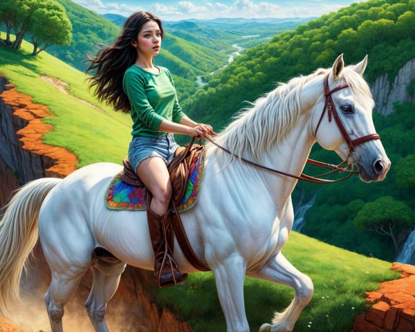 Young woman on white horse by lush cliffside landscape