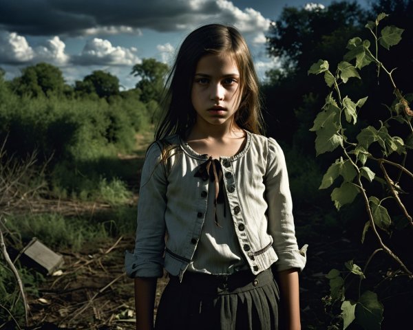 Young girl in rural landscape with dramatic sky