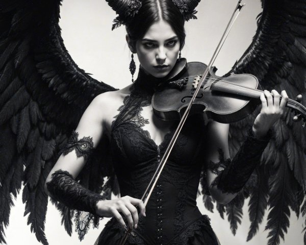 Dark Elegance in Black Gown with Raven Wings
