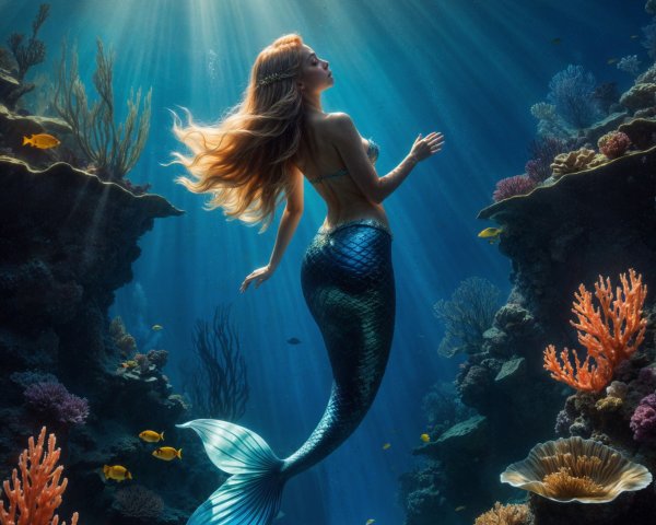 Mermaid Swimming in a Colorful Underwater Landscape
