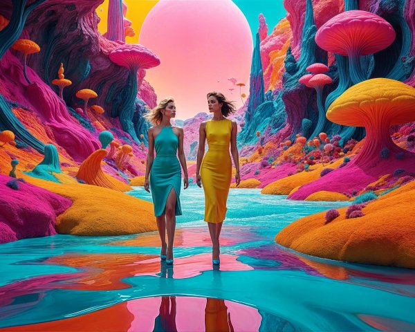 Surreal Landscape with Women in Vibrant Dresses