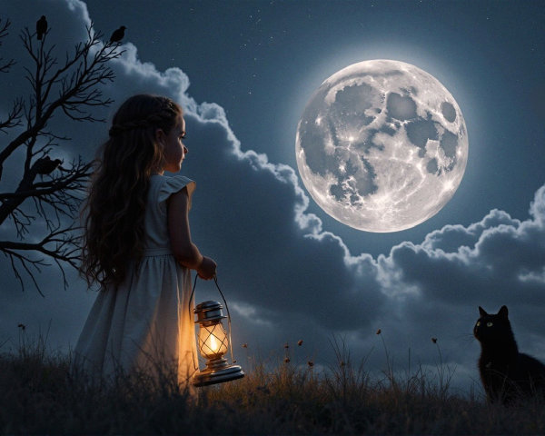 Young girl in white dress with lantern in moonlit field