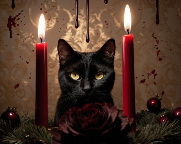 Black Cat Surrounded by Red Candles and Greenery