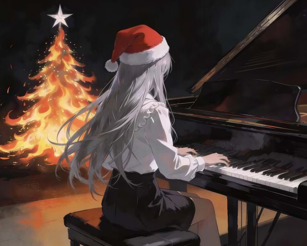 Young woman with gray hair playing piano on dark stage