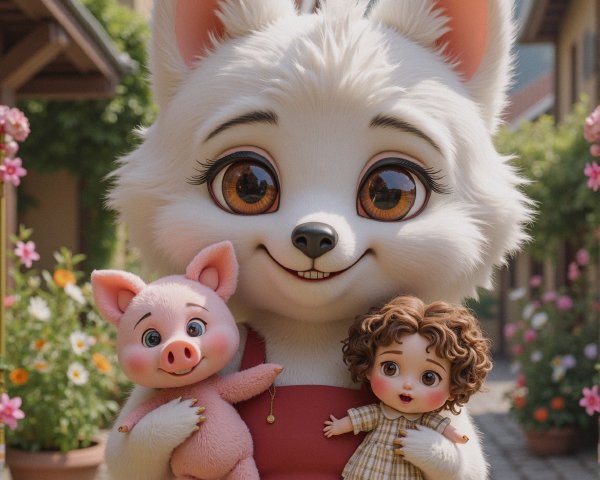 Cartoon White Fox Character in Charming Village Setting