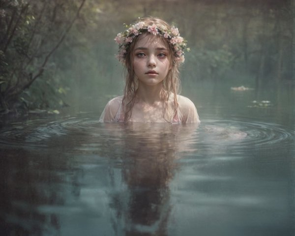 Young girl in misty water with floral crown