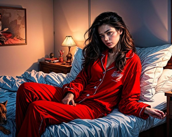 Young Woman in Red Pajamas on a Bed with Dog