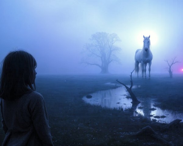 Misty Landscape with Child and Majestic White Horse