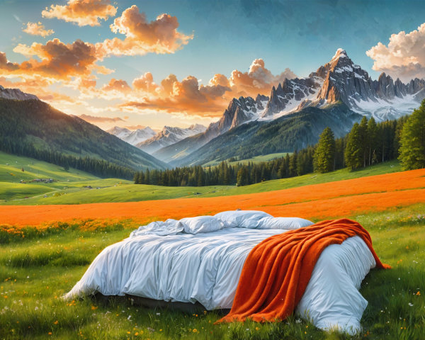 Cozy Bed in Vibrant Meadow with Mountain Backdrop