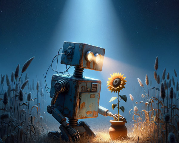 Vintage Robot Caring for Sunflower in Moonlit Scene