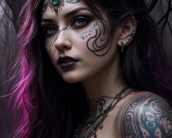 Striking Woman with Body Art in Misty Forest Setting
