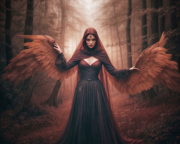 Mysterious Figure in Misty Forest with Fiery Wings