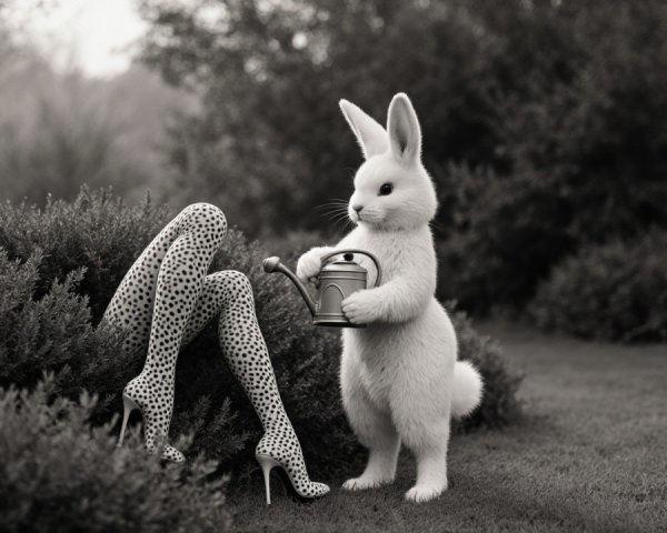 Whimsical Black-and-White Scene with Rabbit and Legs