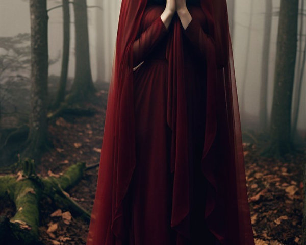 Misty Forest Scene with Figure in Red Cloak