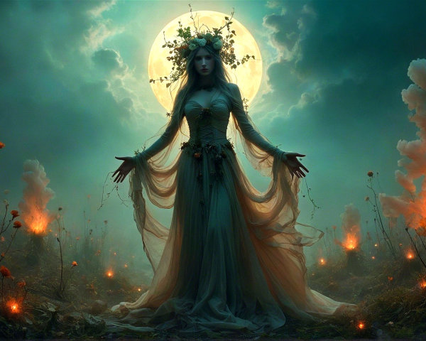 Mystical Figure in a Surreal Landscape with Moonlight