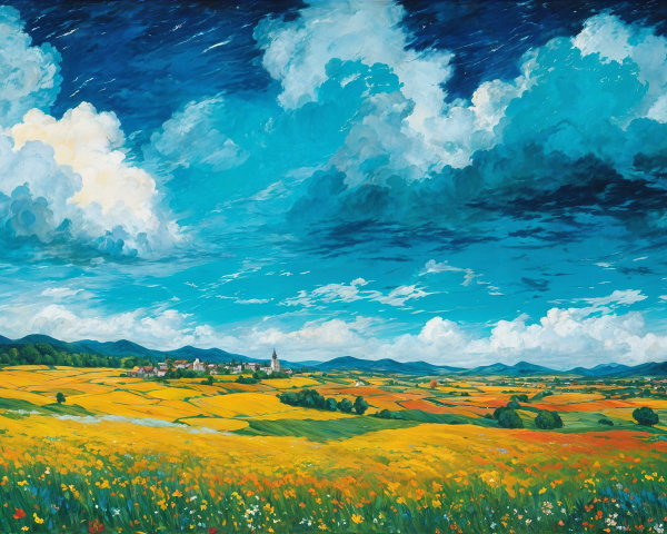 Vibrant Landscape with Hills, Fields, and Village