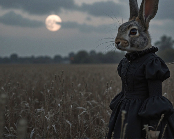 Whimsical Rabbit in Vintage Dress in Golden Field