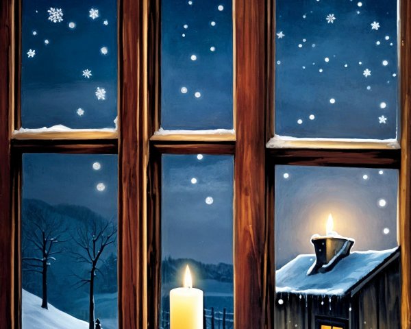 Hyperdetailed Winter Night Scene with Rustic Window