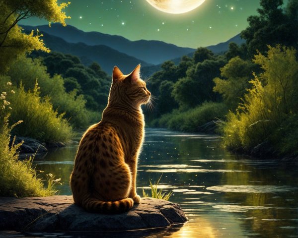 Cat by River Under Full Moon in Serene Landscape
