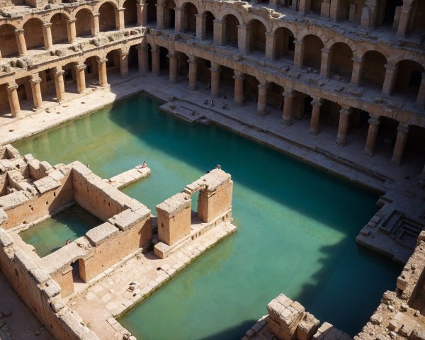 Ancient Ruin with Rectangular Pool and Brick Structures
