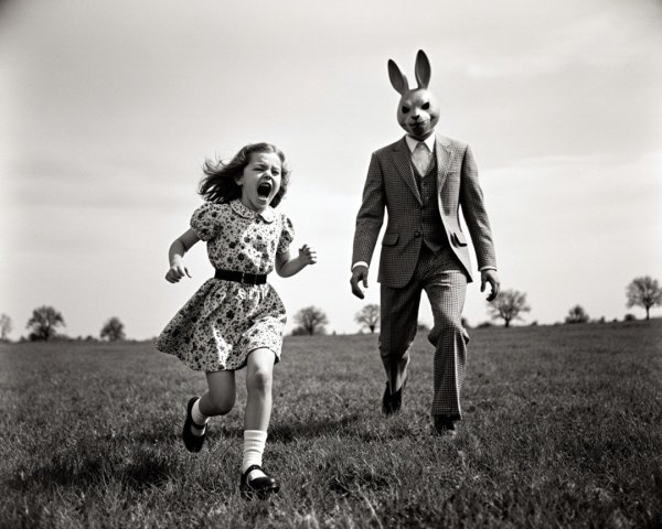 Surreal Black-and-White Scene of Fearful Chase