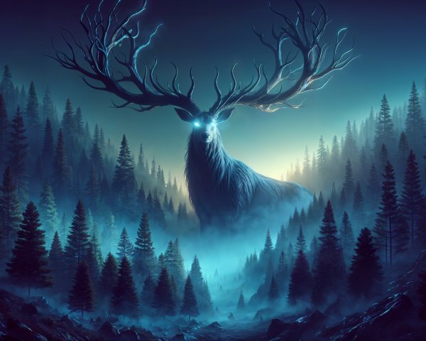 Mystical Stag in Foggy Forest with Ethereal Antlers