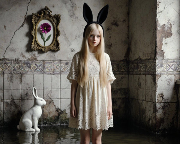 Young girl in white dress with bunny ears in water