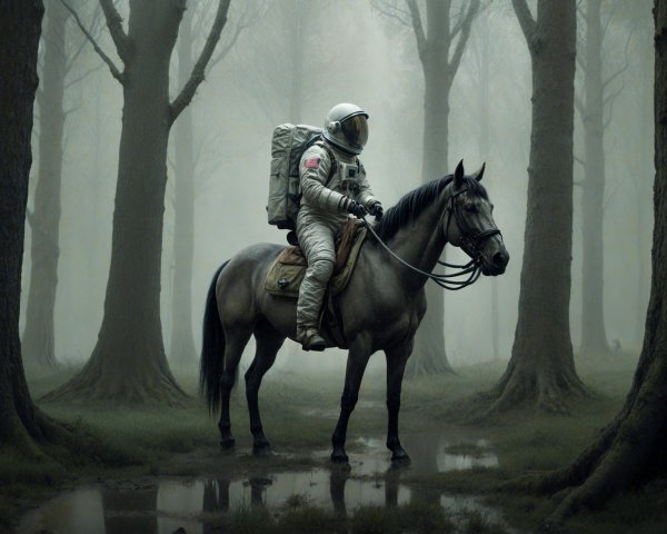 Astronaut in Space Suit Riding Horse in Misty Forest