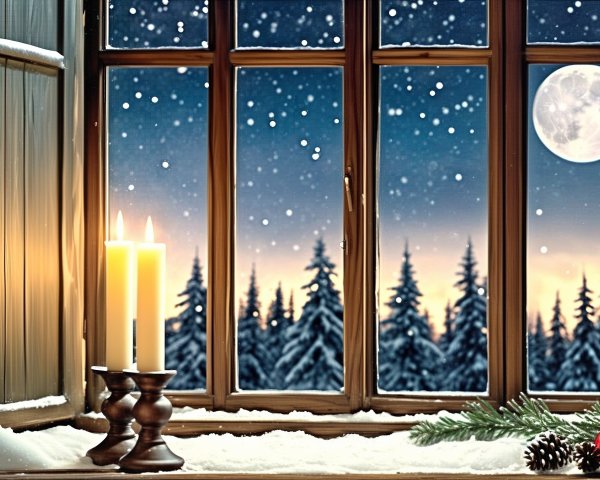 Winter Wonderland View from an Open Wooden Window