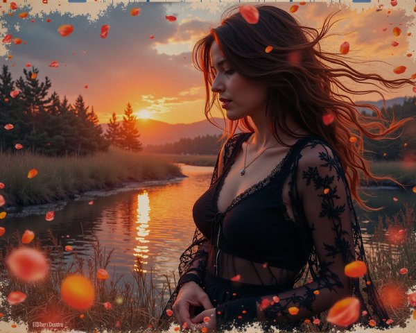 Serene Sunset Over a Peaceful River with Woman