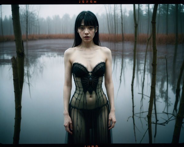 Misty Landscape with Woman in Sheer Black Dress