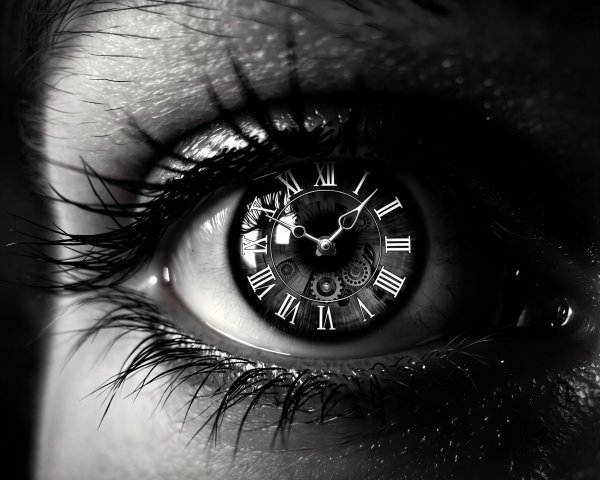 Close-up of a human eye with clock face in iris