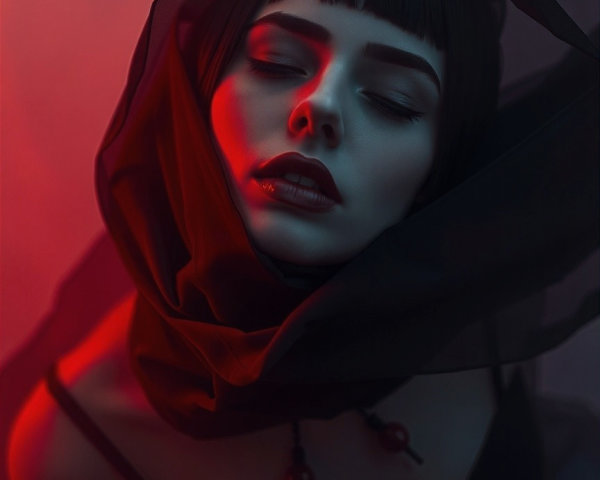 Portrait of a woman in dark fabric with serene expression