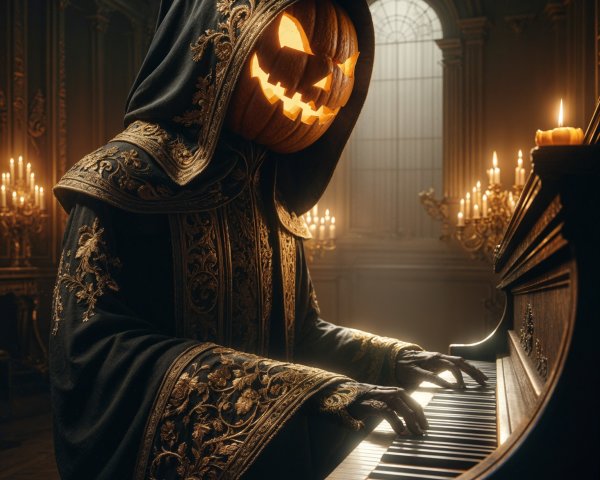 Cloaked Figure with Pumpkin Head at Grand Piano